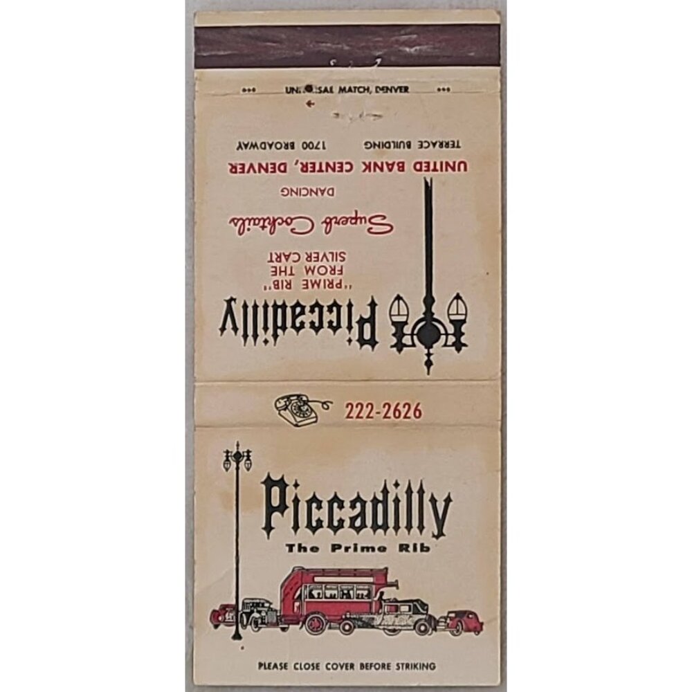 Vintage Matchbook Cover Piccadilly Prime Rib Denver Colorado CO Restaurant